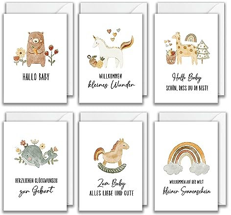 WBdesignz 6x Niedliche Tiere Geburtskarte, Grußkarte Baby Geburt als Klappkarte (DIN A6) mit Umschlag - Selbstklebend, Glatt - 6 Karten/Umschläge - 105 mm x 148 mm - Geburtstagskarte