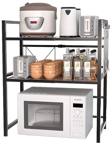 SDLDEER Erweiterbares Mikrowellenständer, Mikrowellenständer Organizer mit 6 Hängenden Seitenhaken Aufbewahrung für Arbeitsplatte Küche (3 Etagen)