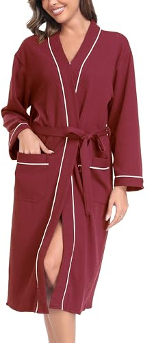 Vlazom Våffelmorgonrockar unisex kimono rock bomull lätt badrock för alla årstider spa hotell nattkläder, Vinrött, S
