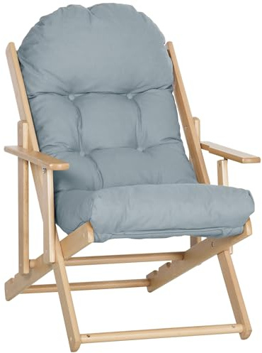 HOMCOM Fauteuil Chaise de Salon Pliable et inclinable en Bois Fauteuil Relax Confortable avec Coussin capitonné épais - 71 x 89 x 96 cm Gris Clair