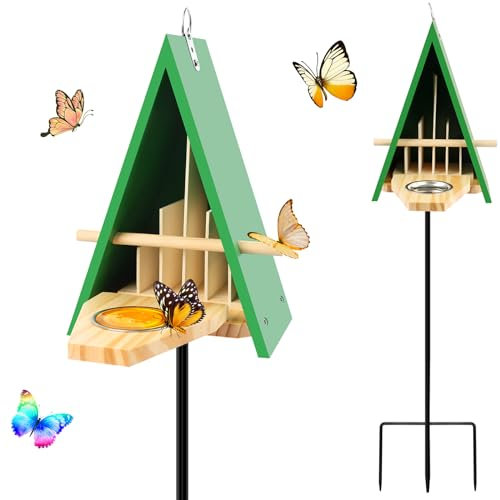 2025 Neues Schmetterlingshaus und Futterhaus für draußen, Schmetterlingshaus aus Holz mit Metallpfahl für Garten, natürlicher Schmetterlingslebensraum mit Schmetterlings-Puddler auf dem Boden oder an