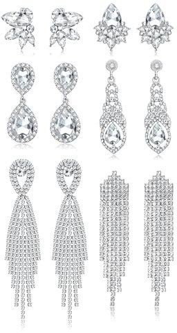 CASSIECA 6 Paare Clip Ohrringe für Damen Silber Hängend Strass Quaste Non-piercing für Bräute Brautjungfern Brillant Diamant Baumeln Non Pierced Schmuck Stil 3