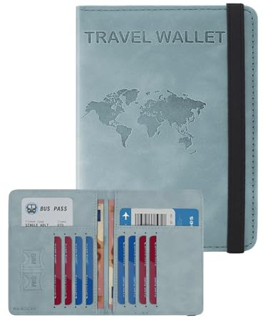 RAXCLAY Porta Passaporto Cover Custodia da Viaggio 8 Carte RFID Documenti Accessori Utili Uomo Donna 2a-Generazione Pelle PU Multifunzione Doppio Scomparto Blocco Schermato Compatto Slim (new cyano)