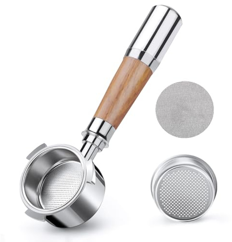 VINATO Porte-filtre Sans Fond 51mm - Compatible avec DeLonghi EC680/EC685/EC885/EC890 - En Acier Inoxydable avec Manche à Café en Noyer (3 Oreilles)