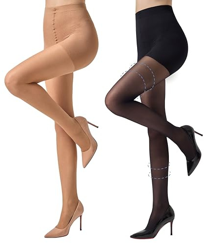 MANZI 2 Pairs Compression Tights 30D Sheer Shapewear Pantyhose for Women | 5-10 mmHg Firm Support Reduces leg fatigue for teacher doctor aircrew office workers