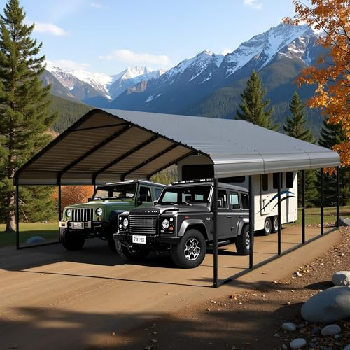 Poborin 20x20 ft Metal Carport for Outdoor Garages Steel Heavy Duty Portable Garage with Large Tall Carports Canopy for Snow, Car Ports with Galvanized Steel Roof & Frame - Grey