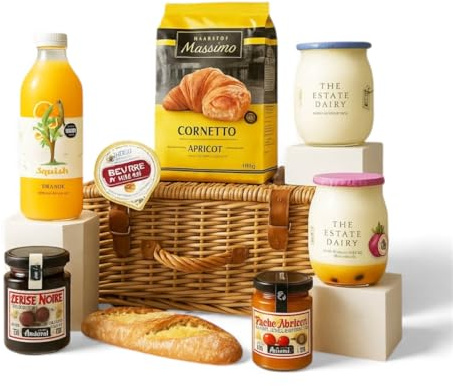 Breakfast à la Maison Hamper – luxury French-style breakfast hamper with apricot croissants, baguette, artisan yoghurts, unsalted butter, fresh orange juice & confitures – gourmet breakfast gift UK