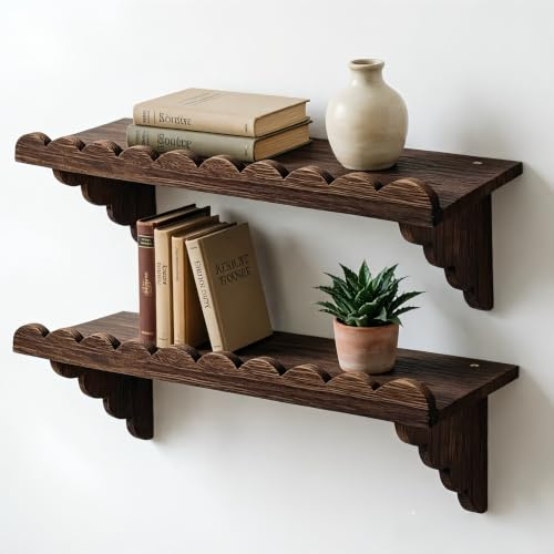 Wonninek 2Pack Scalloped Floating Shelves for Wall Mounted (41cm), Rustic Wooden Shelves for Wall Decor, Wood Wall Shelves with Bracket, for Home Decor, Office, Bedroom, Laundry Room, Kitchen (Brown)