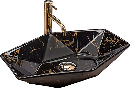 Rea Waschbecken Waschtisch Aufsatzwaschbecken Keramik Handwaschbecken Aufsatz Waschschale Schwarz Gold Marmor 37x57