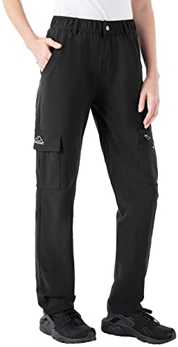Rdruko Women's Walking Trousers Quick Drying Elasticated Waist Casual Work Pants Running Casual Trousers with Zipper Pockets Black M
