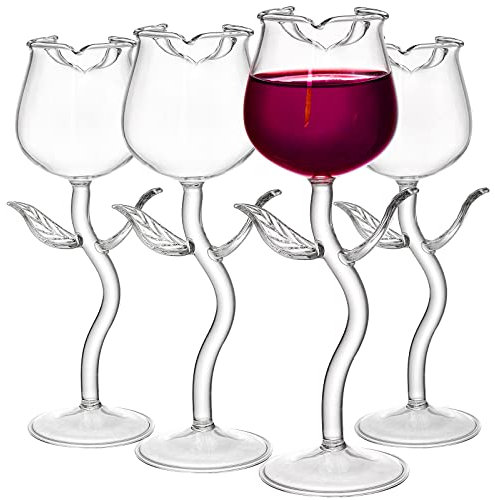 Mezchi Set of 4 Rose with Stem Cocktail Glass, 175 ml Flower Red Wine Glass, Crystal Clear Rose Goblet Glasses, Champagne Flutes Drinkware for Mother's Day Gift, Wedding, Party, Dinner, Birthday