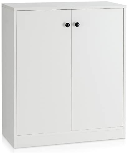 COSTWAY Wooden Storage Cabinet, Freestanding Buffet Sideboard with Doors & Shelves, Display Cupboard Floor Cabinet for Kitchen Dining Room (2 Doors, White)