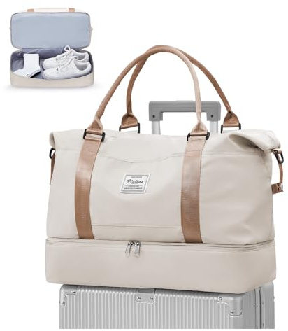 WEPLAN Sac de Voyage Femme Sac Weekend Maternité avec Compartiment Chaussures Sacs Voyage Cabine Avion Week-End Sacs Sport Gym d'hôpital Femme Homme Imperméable Travel Duffle Bag,Beige et Marron