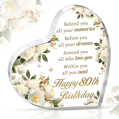AceThrills 80th Birthday Gifts and Decorations for Women - Acrylic Paperweight 3.9 x 3.9 x 0.51 Inches - Happy Birthday Decor Party Favors