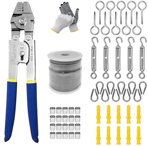Drahtseil-Crimpwerkzeug, Edelstahl-Drahtseilhülse, Crimpschlaufe, Werkzeug-Set mit 4,6 m Edelstahl-Drahtseil, 10 Stück Crimpschlaufenhülse, unterstützendes Zubehör und 5 Stück Hakenspanner