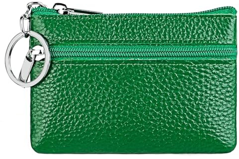 iToolai Women's Genuine Leather Small Coin Pouch Purse with Keychain, Mini Change Bag Wallet Card Holder Case (Bright Green)
