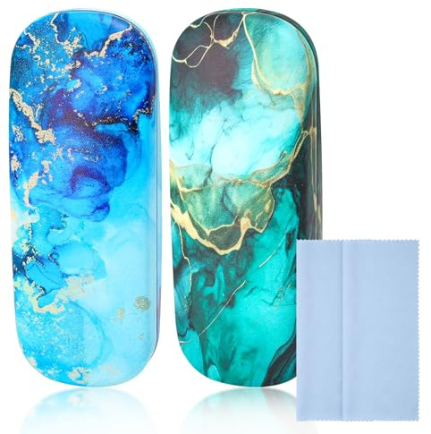 2 Pieces Small Hard Shell Glasses Cases, Portable PU Leather Shell Glasses Case, Anti-Scratch Eyeglasses Case Protective Casefits with Cleaning Cloth, Classic Spectacle Case for Myopia Sunglasses