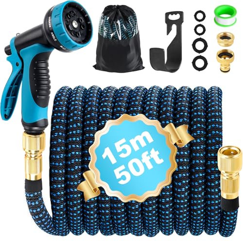 Gartenschlauch Flexibel 15m, Flexibler Gartenschlauch Dehnbarer mit 10 Funktions Gartenbrause, 1/2 3/4 Adapter, Wasserschlauch Flexibel Schlauch Flexschlauch Garten für Gartenbewässerung Autowäsche