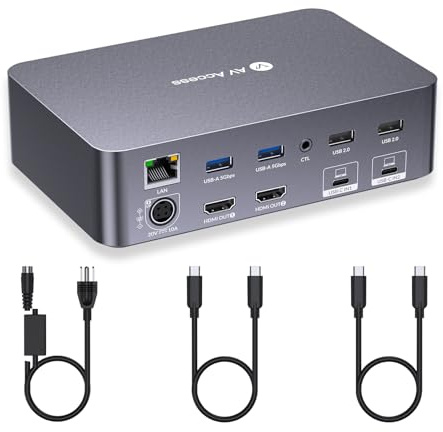 AV Access Docking Station KVM Switch 2 Monitors 2 Laptops, 4K KVM Dual Monitor, 2 USB-C MST Ports, 60W PD for Each PC, 1G Ethernet, EDID Emulation, 2K@144Hz,1080P@240Hz, Ideal for Home Office & Gaming