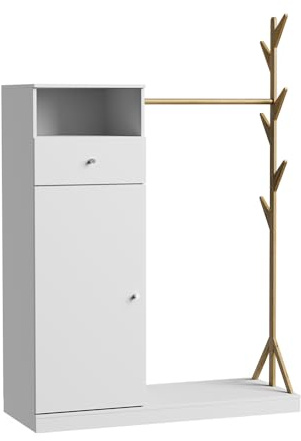 Vicco Garderobenschrank Liria, Weiß/Bambus, 100 x 145 cm | mit Schublade, mit Ablagefläche für Schuhe und offene Garderobenhaken