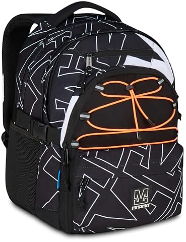 Mitama Schulrucksack #BDBF LEGACY, Schwarz, Dreifach-Rucksack, Trinkflaschentasche, integrierter USB-Anschluss, verstellbare Breite, Rucksack für mittlere und höhere Schule, Jungen, Schwarz, Taglia
