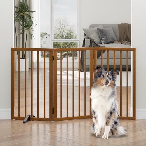 Tall Dog Gates for Doorways, Foldable Dog Gate Indoor, Freestanding Pet Gates for Doorways Bedroom, Puppy Gate with Metal Support Feet, Room Divider,3 Panels (walnut)