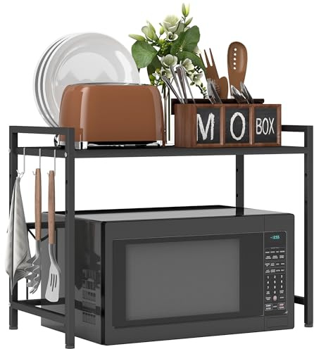 HOMCOM Mikrowellenregal erweiterbares 2-Stufig Mikrowellen Regal mit 3 Haken Küchenregal Stehend Küchen Organizer Mikrowellenständer Mikrowellenhalter Küchenaufbewahrung für Arbeitsplatte Schwarz