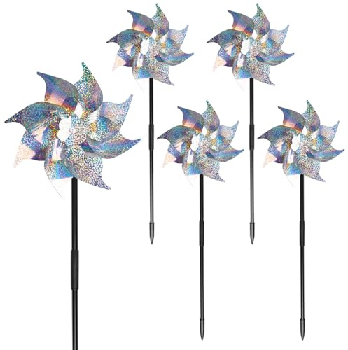 5 Piezas Repelentes de Molino de Viento, Molino de Viento Reflectante, Espanta Palomas, Molinillo de Viento Jardín, Ahuyentador de Pájaros para Proteger Jardín, Huerto, Granja y Techo