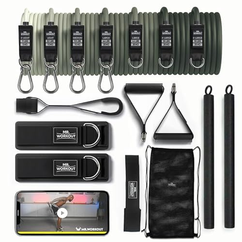 KIT Fitness Pro Mister Workout - Barre Multi-Fonction – 7 Bandes Résistance, Poignées, Sangles, Ancrages, Sacoche de Transport – Renforcement Musculaire, Prise de Masse -Entraînement Maison, Outdoor