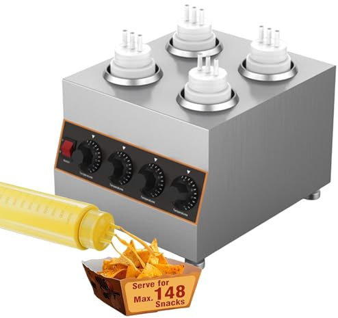 Kommersiell Elektrisk Såsvärmare-Dispenser, 640W Rostfritt Stål Bänkskåps Nachoost & Varm Chokladsås Värmare med 4×650ml Kramflaskor