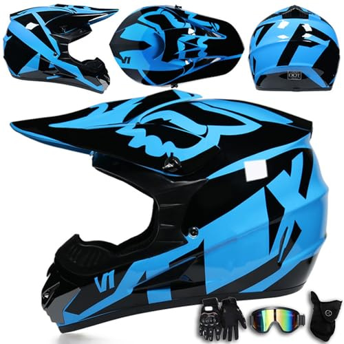 Casco da motocross con occhiali maschera e guanti caschi integrali da moto fuoristrada per esterni cross country mountain bike per uomini donne adolescenti adulti, omologato DOT,Color E-S