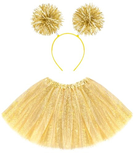 Tutus for Women Adult with Pom Pom Headband, 3 Layers Classic Elastic Tulle Tutu Skirts Foil Printed Tutu for Party Running Gold