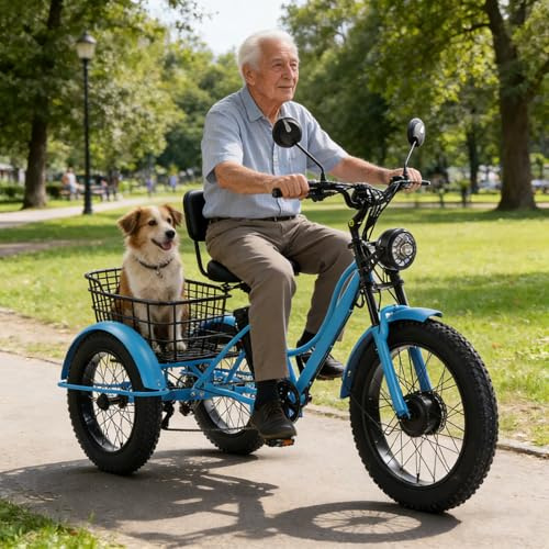 Tricycle électrique 24 Pouces à 7 Vitesses Pour Adultes, Vélo à 3 Roues Avec Pneus Larges, Batterie 48 V 18 Ah Et Autonomie De 64 Km,3 Modes De Conduite,Grand Panier De Rangement, écran Lcd Blue