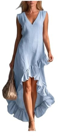YRSHENG Robe Asymétrique Femme Eté Chic Robe Longue Derrière Court Devant Col en V Robe sans Manches à Volants Robe Bohème de Cocktail Mariage,Bleu,M