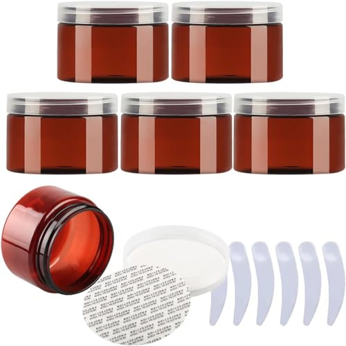 Kosmetikburkar, Paket med 6, plastkrämburkar kosmetiska krukor genomskinligt lock Behållare for toalettartiklar(Brown,150ml)