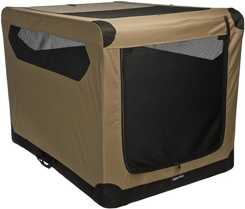 Amazon Basics Portable Folding Soft Dog Crate, Double Door, Collapsible Travel Kennel, Easy to Set Up, Sturdy, Secure, XL 42 x 31 x 31, Tan