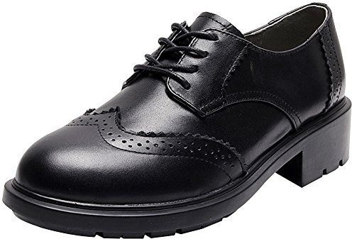 rismart Damen Runden Zehen Leder Brogue Oxfords Schnürhalbschuhe 02363(Schwarz,EU39)
