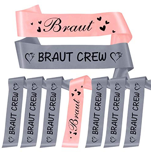 Oblique Unique® Braut + Braut Crew Schärpe Set Junggesellinnenabschied JGA Hochzeit in Rosa und Grau