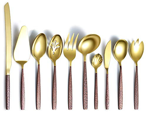 Berglander Juego de cubiertos para servir de 10 piezas con mango de superficie lunar y cabeza de oro brillante chapado en titanio cuberteria cucharas para servir de acero inoxidableutensilios