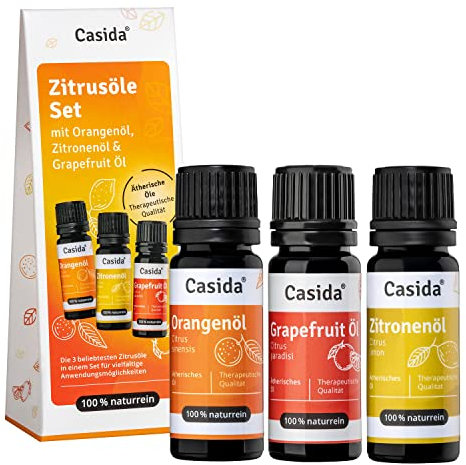 Casida® Zitrusöle Set mit Orangenöl, Grapefruit Öl und Zitronenöl - Ätherisches Öle Set, naturrein - Therapeutische Qualität – für Aromatherapie, Aromadiffuser - Aus der Apotheke - 30 ml