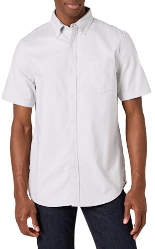 Amazon Essentials Camisa Oxford elástica de manga corta con bolsillo y corte recto Hombre, Gris Claro, L