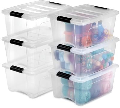 Iris Ohyama 6 Cajas de almacenamiento con tapas, 15L, Transparente, Clips de Cierre, Duradero, Apilable, para Dormitorio, Armario, Oficina, Organizadora, Ropa, Libre de BPA, DDNTB-15
