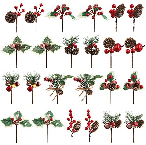 Songjum 24 Pcs Artificial Christmas Pine Picks Christmas Berries Artificial Stem with Pinecones Apples Bells Christmas Flower Picks for Christmas Tree Wreath Arrangement Winter Holiday Decor