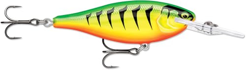 Rapala - Shad Rap Fishing Lure Balsa Konstruktion (bleitlos) - schwimmender Süßwasserköder - 3,3 m Schwimmtiefe - Größe 7,5 cm / 12 g - Made in Estland - vergoldeter Feuer Tiger