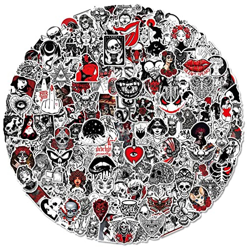 200Pcs Gothic Autocollants crâne punk rouge foncé, autocollants graffiti en vinyle pour skateboard, ordinateur portable, bagages, ados et adultes
