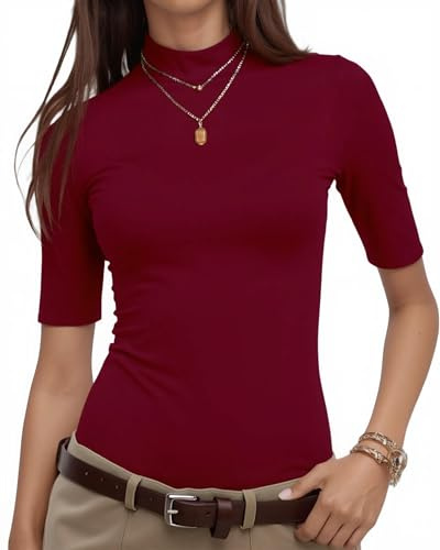 WOWENY Jersey de Manga Corta para Mujer, Elegante Camiseta de Manga 1/2 con Cuello Alto elástico, Camiseta de Cuello Alto, Tops básicos de algodón, Blusa, Camisa