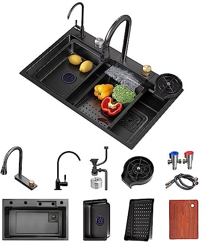 FIVIXIL Evier de cuisine Evier simple Flying Rain Waterfall avec robinetterie extractible, lave-tasses sous pression, planche à découper, égouttoir et autres accessoires (gris canon, 80 * 45 * 21cm)