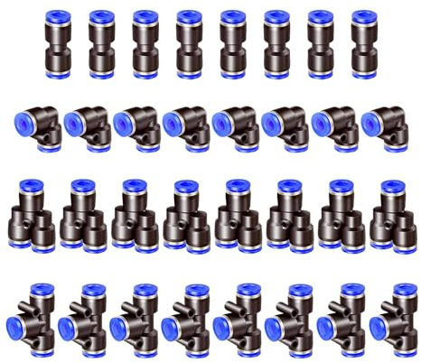 HUAZIZ 32stycken Pneumatiska push-to-connect fittings, 8 kluvna + 8 armbågar + 8 te + 8 raka (OD 10 mm), sats