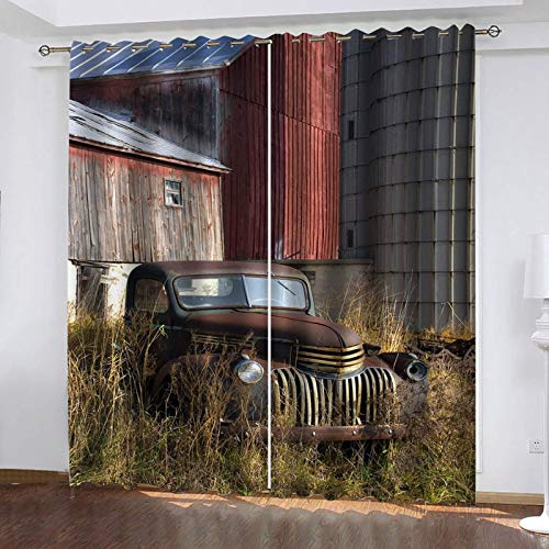 3D Thermo Insulating Blackout Curtains with Nostalgia City Architecture Cars Design 55.1 X 39.4 Inch Indoor Window Curtains for Bedroom Polyester Material Drapes for Light Blocking and Energ