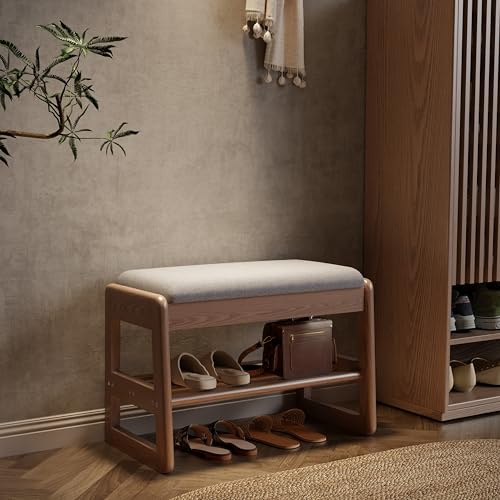 AQIMUELE Banc à Chaussures Rembourré, Banc de Rangement en Bois Massif, Rangement Caché, Étagère à Chaussures à 2 Niveaux, Meuble d'Entrée, Coussin d’Assise en Coton et Lin, 30 x 60 x 40 cm, Noyer
